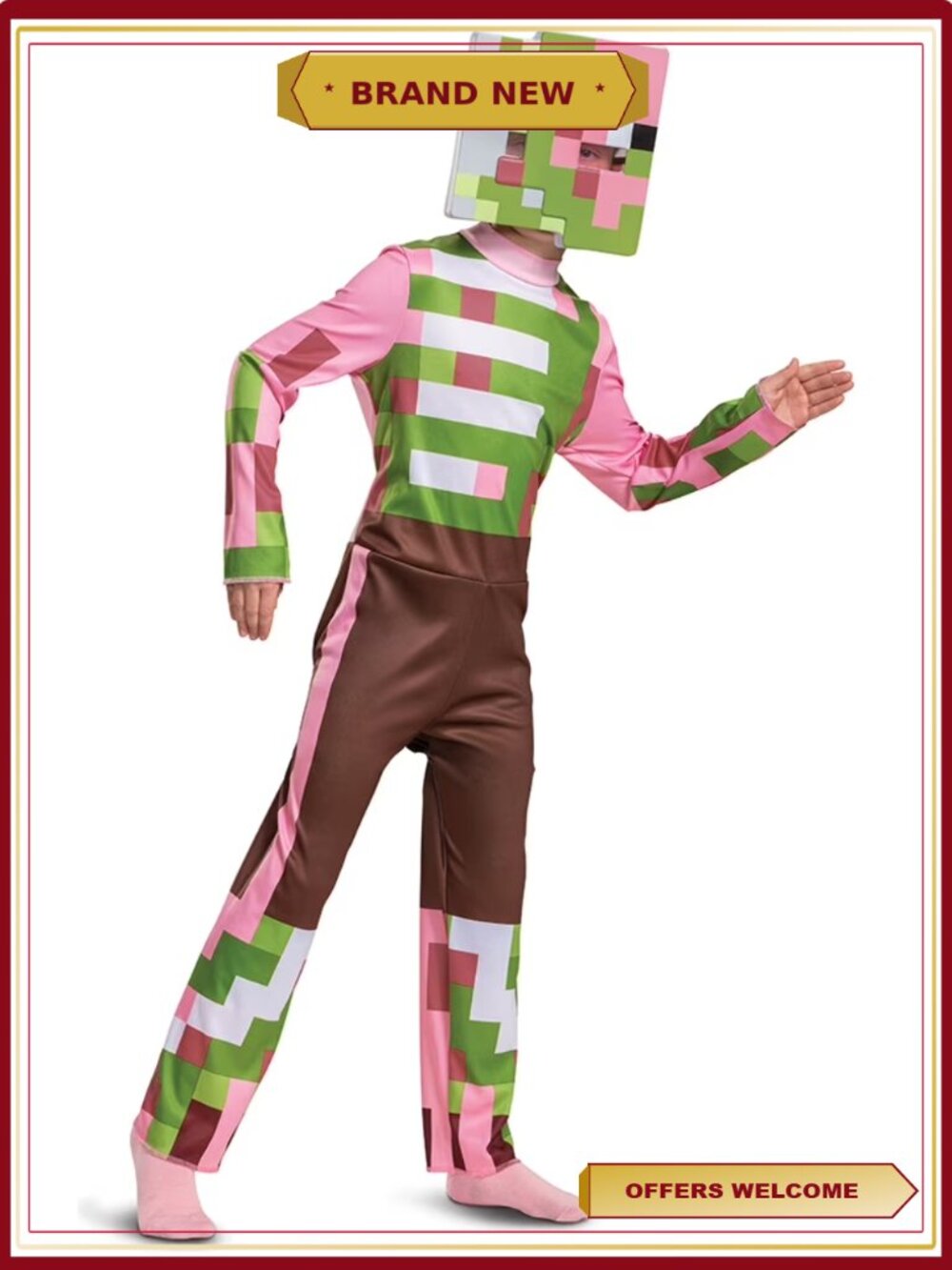 Minecraft Zombie Pigman Classic Child Halloween Costume Jumpsuit Half Mask
